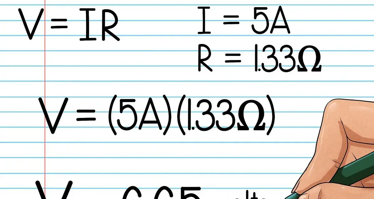Calcul tension : V = IR, avec I=5A et R=1.33Ω. Le calcul donne V = 6.65 volts.