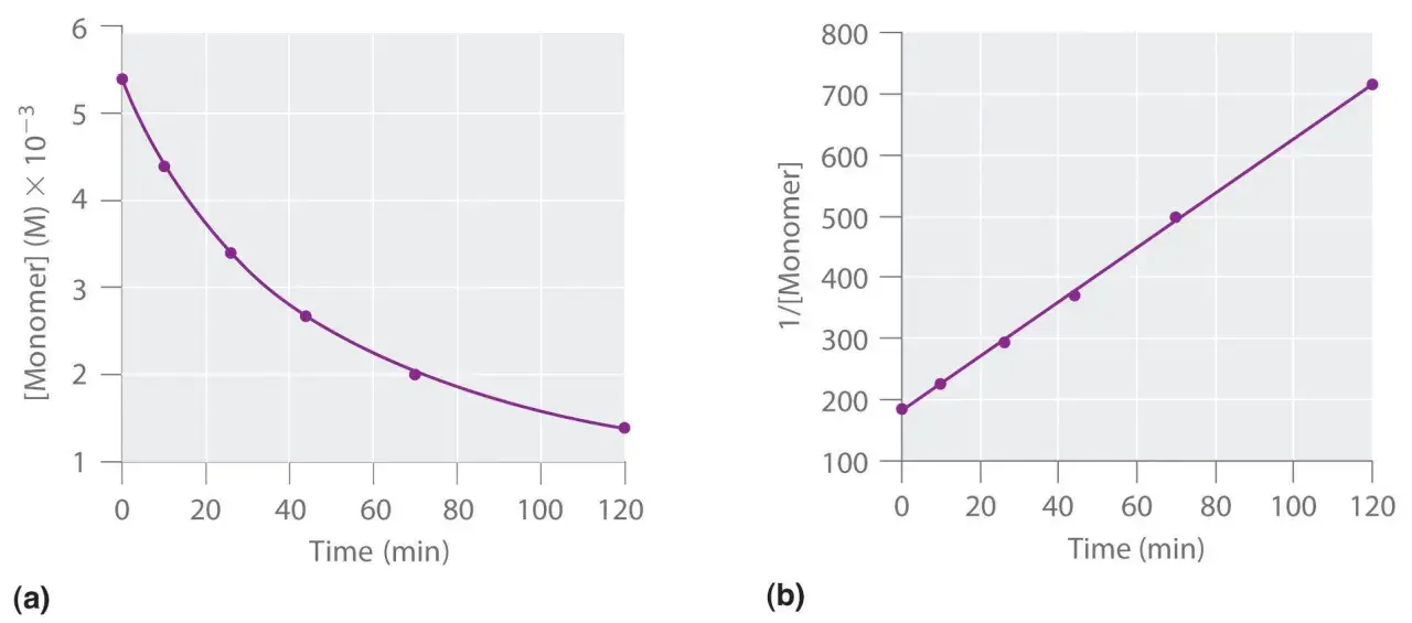 Graphique (a) montrant la diminution de la concentration de monomère au fil du temps, et graphique (b) montrant une relation linéaire pour la loi de vitesse d'ordre 1.