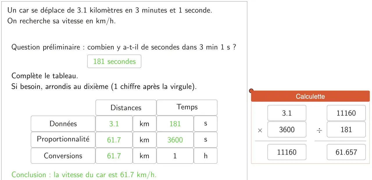 Calcul de la distance parcourue par une voiture. Le tableau montre la conversion des unités pour trouver la vitesse en km/h.