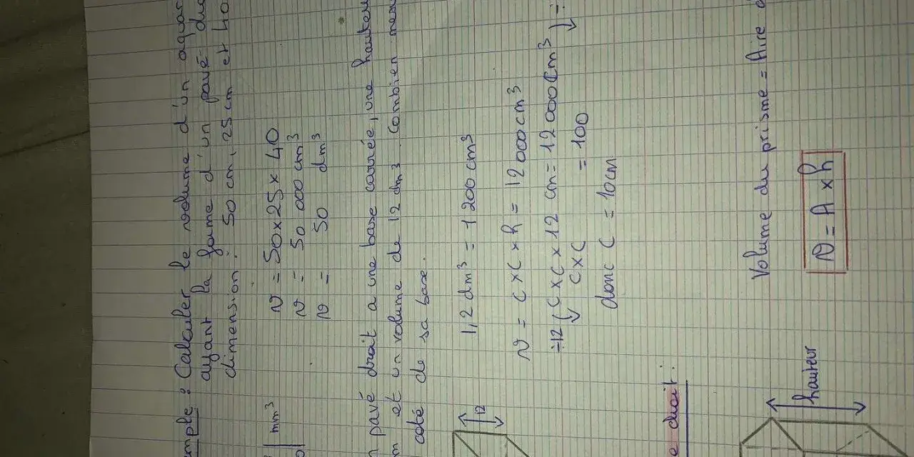 Calcul du volume d'un pavé droit : un aquarium de 50x25x40 cm. Le volume est de 50 000 cm³.