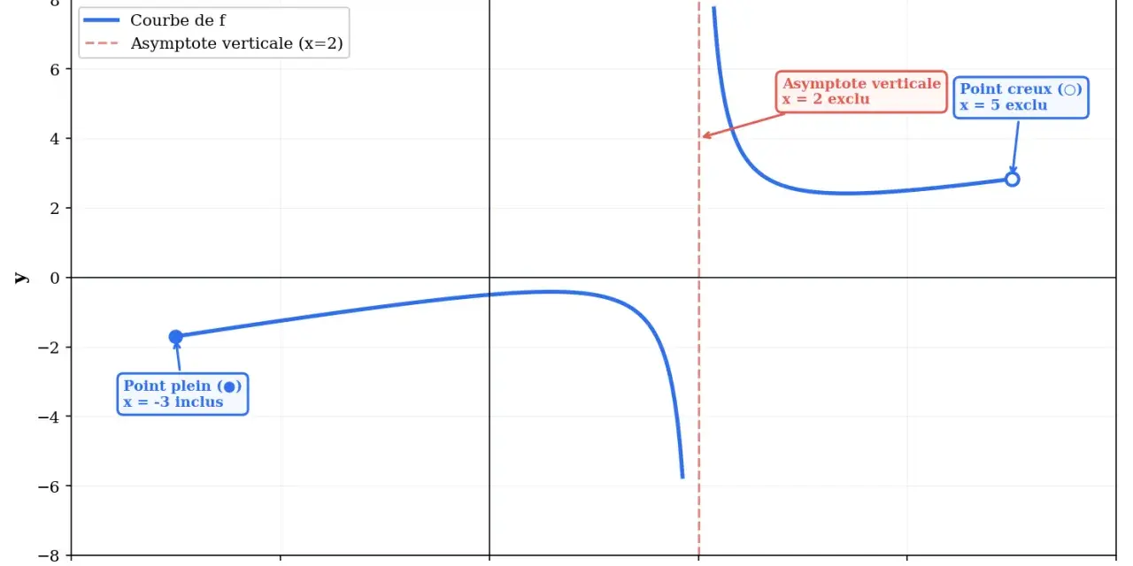 Graphique montrant une courbe avec une asymptote verticale en x=2. Un point plein à x=-3 et un point creux à x=5 illustrent l'ensemble de définition.