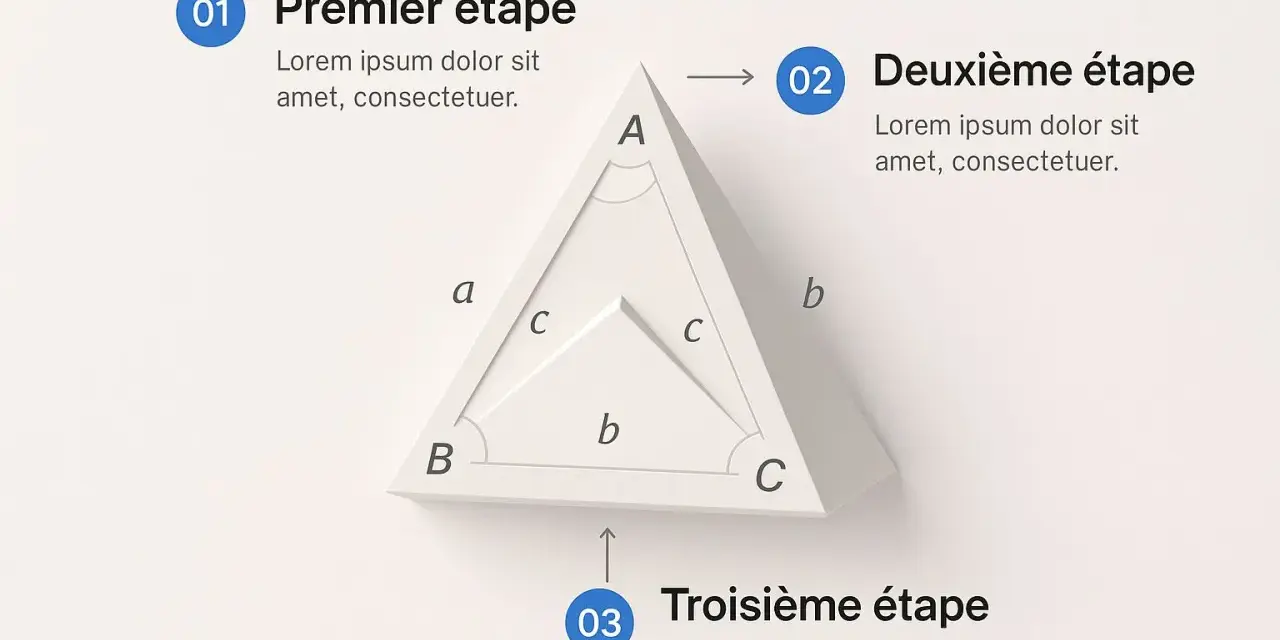 Illustration d'un triangle avec des lettres et des arcs, expliquant la formule sinus en trois étapes.