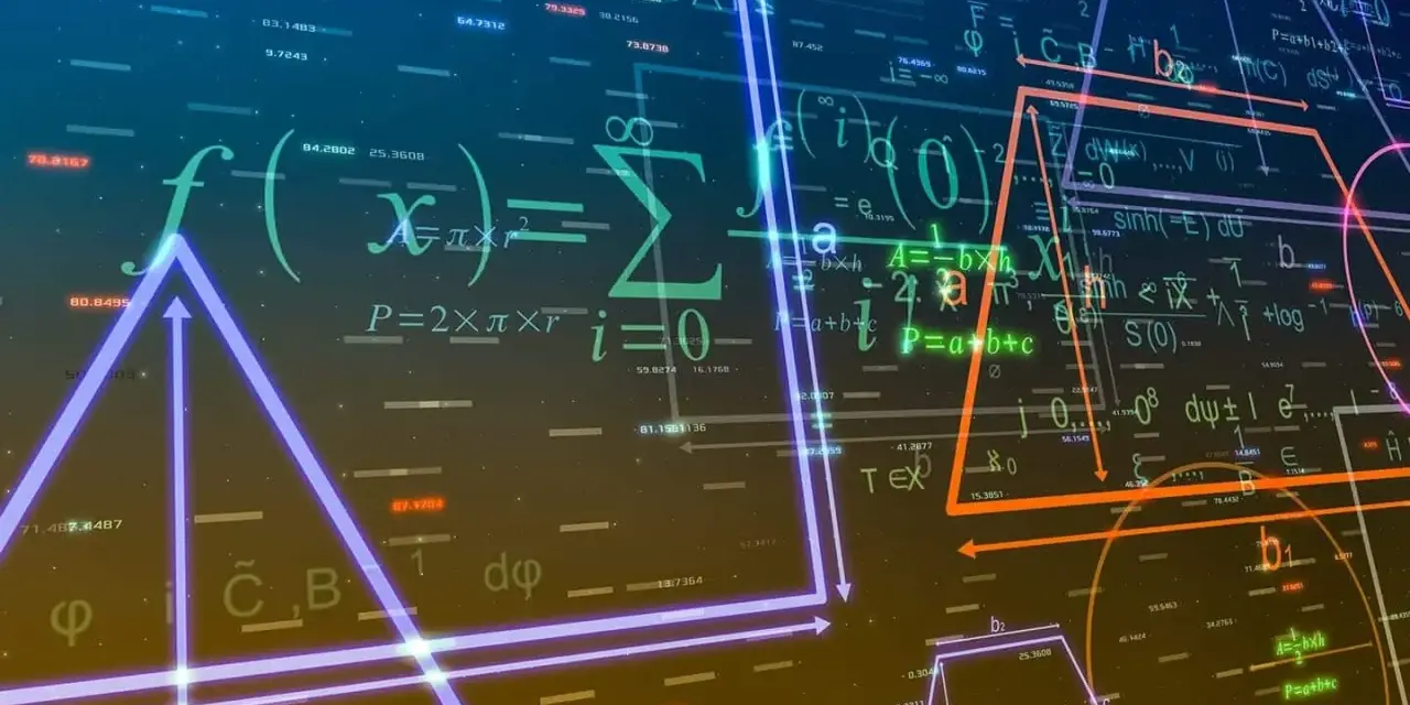 Formules de maths terminale flottant dans l'espace, avec des formes géométriques lumineuses et des chiffres.