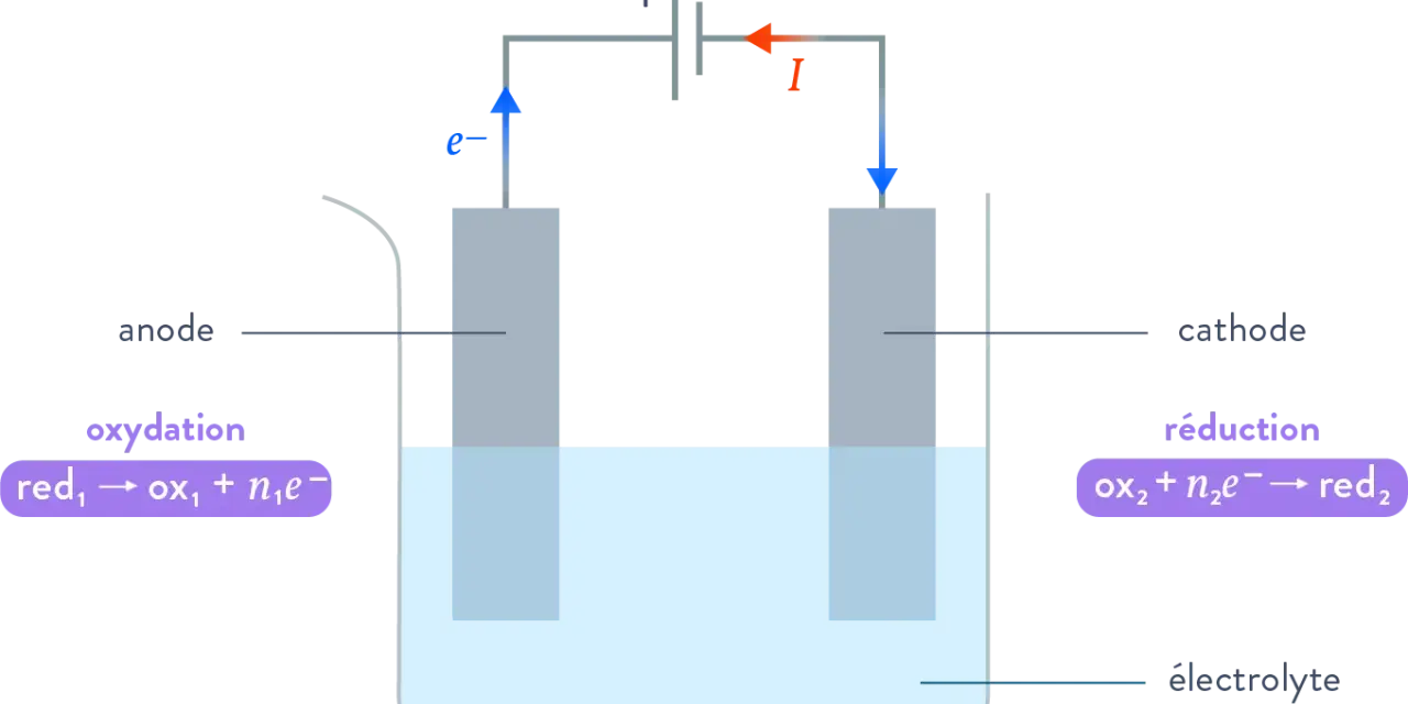 Schéma d'une cellule d'électrolyse terminale : anode (oxydation) et cathode (réduction) dans un électrolyte, connectées à un générateur.