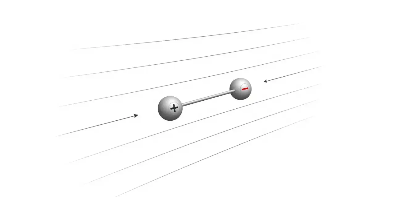 Un dipôle électrique, une sphère positive et une sphère négative reliées, est placé dans un champ électrique représenté par des lignes parallèles.