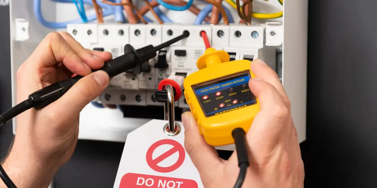 Un électricien vérifie la tension nominale d'un tableau électrique avec un indicateur de tension jaune. Une étiquette "DO NOT OPERATE" est visible.