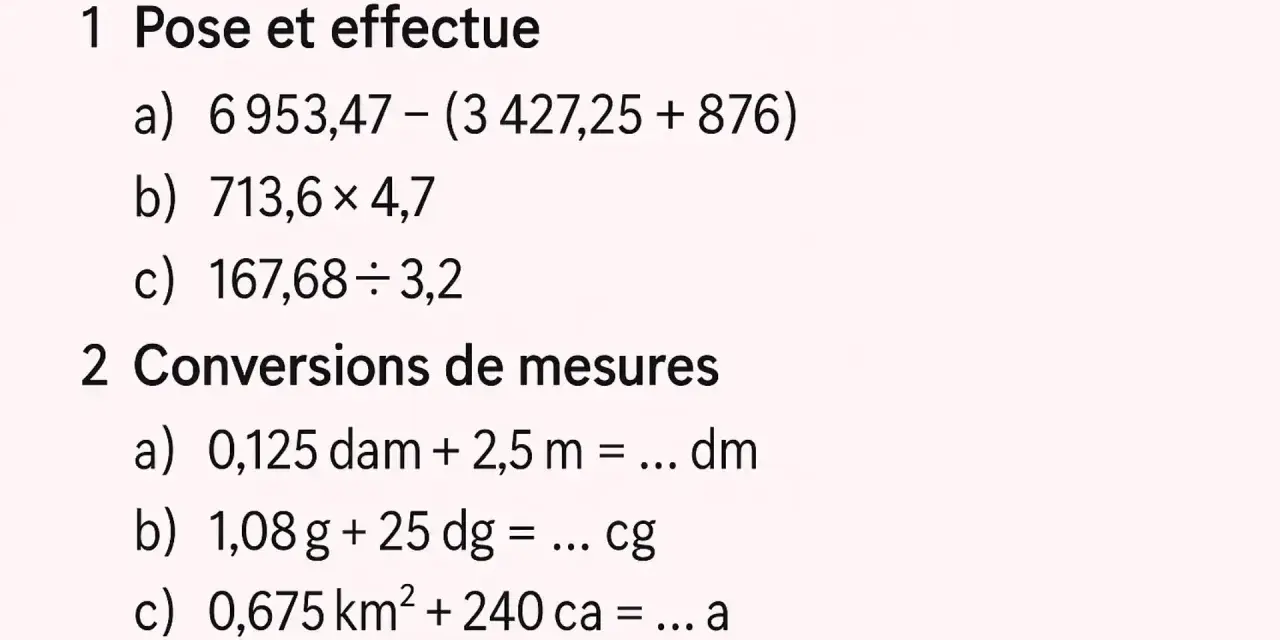 Exercice gratuit pour se préparer à la 6ème : calculs et conversions de mesures.