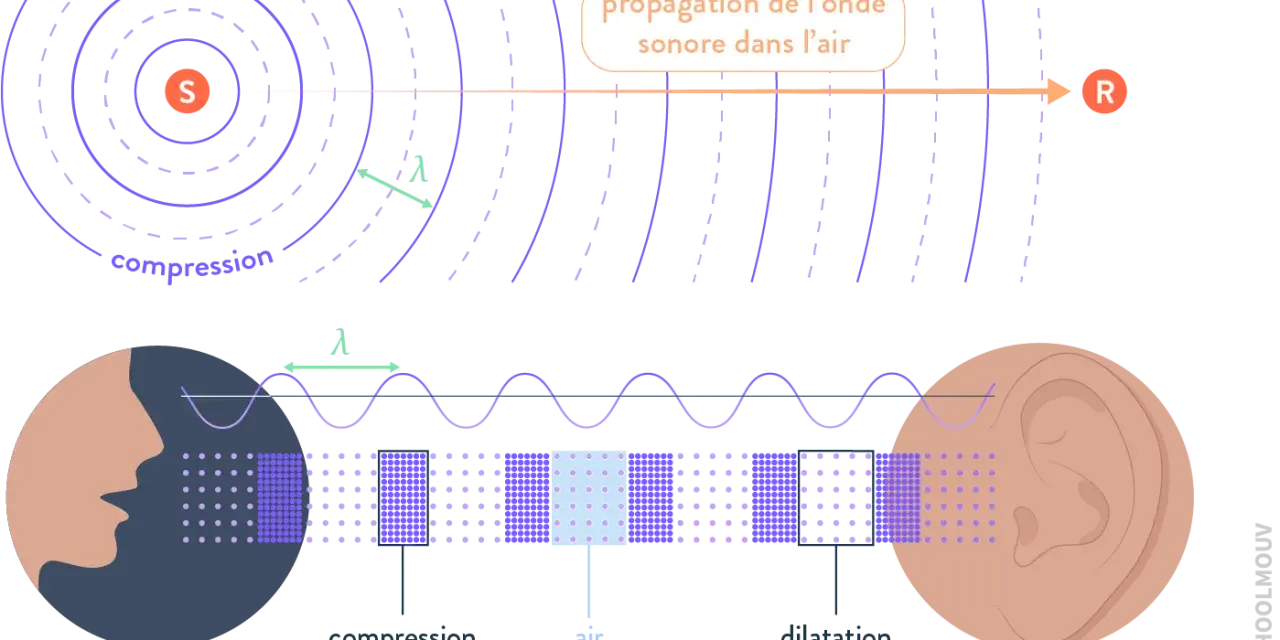 Illustration de la propagation d'une onde sonore, montrant compression et dilatation de l'air, avec une source et un récepteur. L'intensité sonore est représentée par la densité des points.