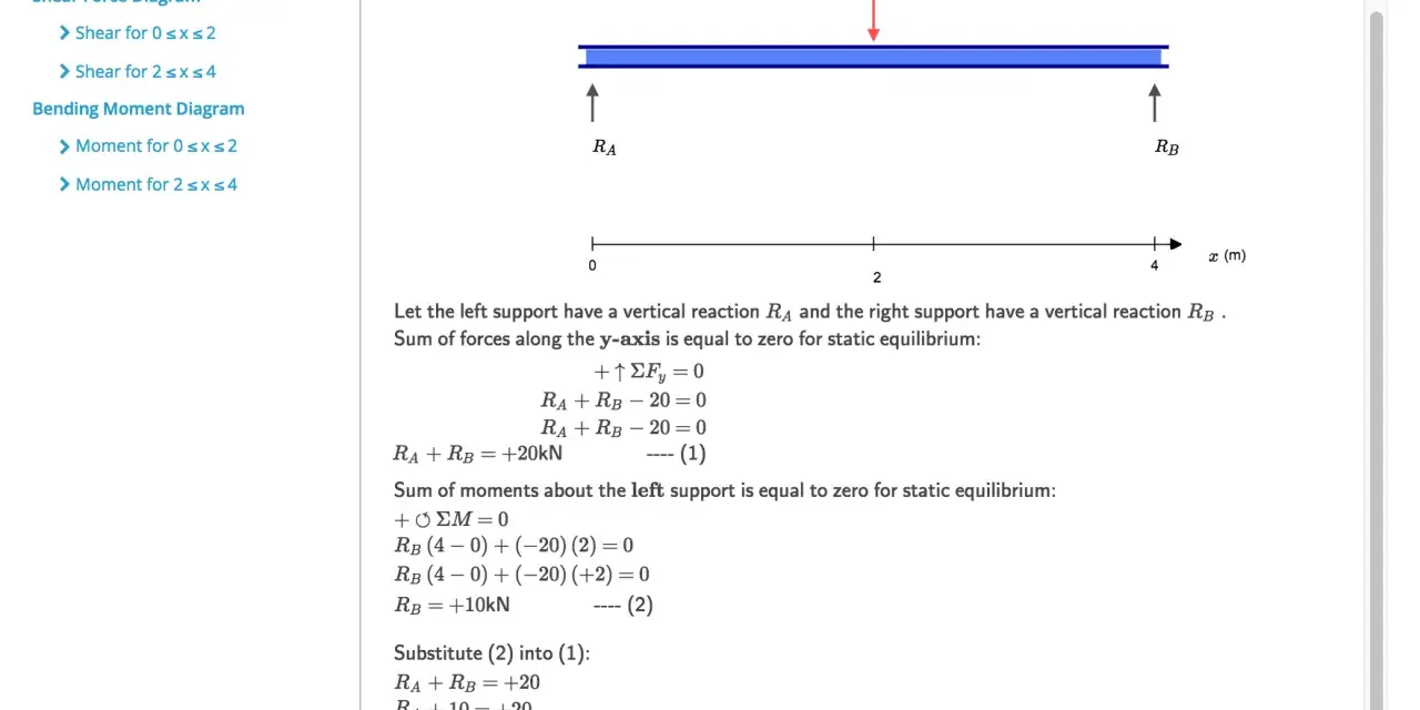 Calcul des réactions de support pour une poutre avec une charge de 20 kN. La réaction RA est de +10 kN et RB est de +10 kN.