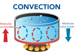 Schéma illustrant la **convection** de l'eau dans une casserole chauffée. Les molécules chaudes montent, les froides descendent, créant un cycle. Le rayonnement et la conduction sont aussi des modes de transfert de chaleur.