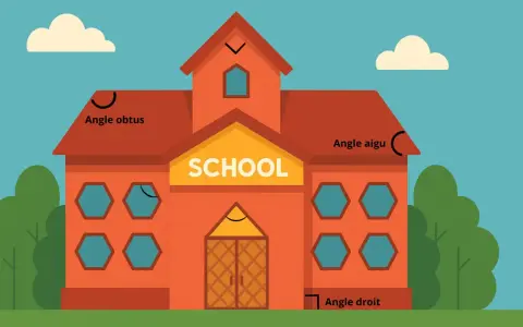 Une école illustrée avec des angles marqués : obtus, aigu et droit. Apprendre à mesurer un angle devient amusant.