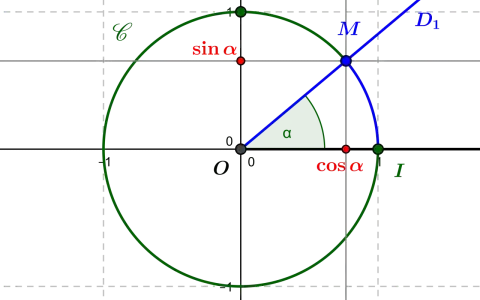 Cercle trigonométrique montrant l'angle $\alpha$, le cosinus et le sinus, illustrant une fonction trigonométrique.