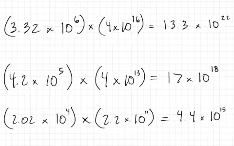 Calculs de multiplication de nombres en notation scientifique, illustrant l'utilisation des chiffres significatifs en physique.