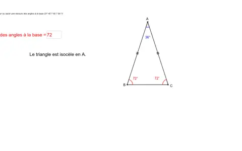 Triangle isocèle ABC avec angles à la base de 72° et angle au sommet de 36°.