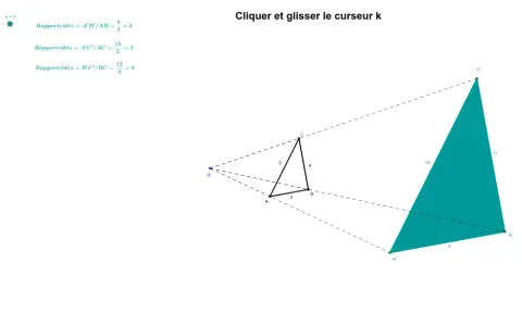 Illustration de la homothétie def : deux triangles, l'un plus petit (ABC) et l'autre plus grand (A'B'C'), partageant un centre de projection. Les rapports des côtés sont égaux à 3.