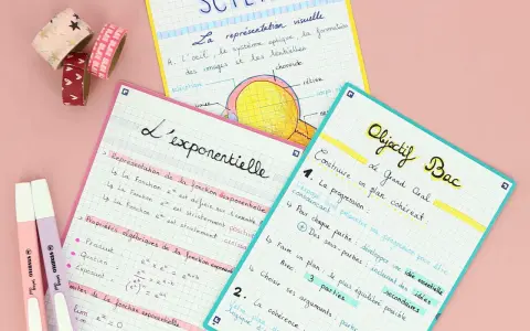 Cahiers de révision seconde : sciences, fonction exponentielle, et objectif bac. Notes manuscrites et surligneurs.