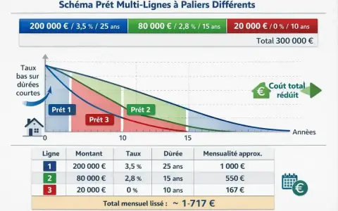 Schéma de prêt multi-lignes illustrant les mathématiques financières avec des taux dégressifs sur la durée.