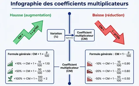 Infographie montrant comment calculer un pourcentage de baisse avec des exemples concrets.