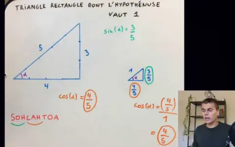 Triangle rectangle avec hypoténuse 5, côté adjacent 4, côté opposé 3. Calcul de cosinus.