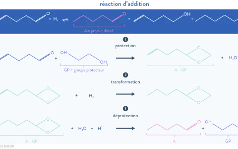 Schéma de chimie organique illustrant une réaction d'addition avec protection et déprotection d'un groupe fonctionnel.