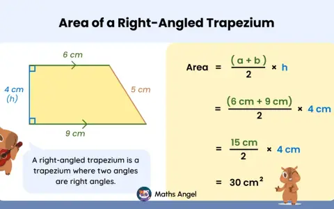 Calcul de l'aire d'un trapèze rectangle avec 2 angles droits. Bases 6 et 9 cm, hauteur 4 cm. Résultat 30 cm².