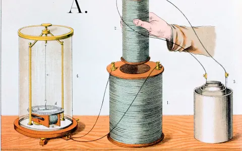 Illustration d'une expérience d'induction électromagnétique : une bobine est déplacée près d'une autre, connectée à une pile.