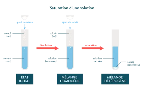 Illustration de la solubilité du sel dans l'eau : ajout de sel à l'eau, dissolution puis saturation avec sel non dissous.