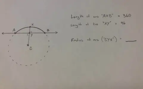 Un arc de cercle AXB, de longueur 360, est dessiné au-dessus d'une ligne. Le segment XY, de longueur 96, est perpendiculaire à la ligne.