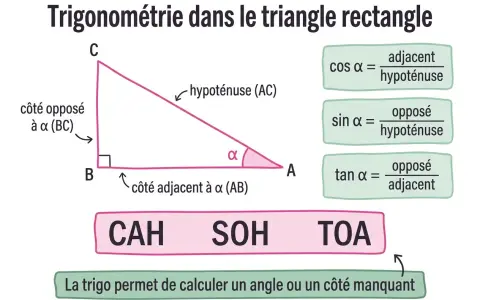 Triangle rectangle illustrant le cosinus d'un angle α comme le rapport du côté adjacent à l'hypoténuse.