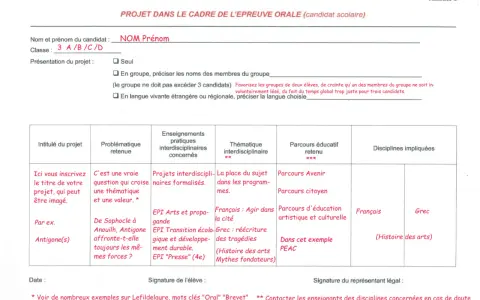 Formulaire pour l'oral du brevet, détaillant le projet, la problématique, les enseignements, la thématique, le parcours éducatif et les disciplines impliquées.