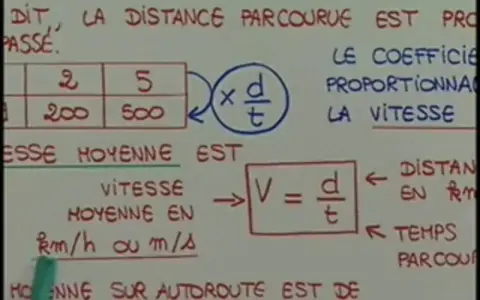 Tableau et formule expliquant la vitesse moyenne, avec des exemples de calculs pour la vitesse formule.