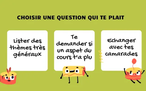 Trois options pour un sujet oral : lister des thèmes, demander ce qui a plu, ou échanger avec des camarades.
