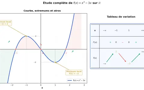 Étude de la fonction mathématique f(x) = x³ - 3x : courbe, extremums, zéros et tableau de variation.