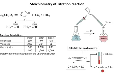 Schéma illustrant une réaction de titrage, avec une formule chimique, un tableau de calculs et un schéma de titrage pour déterminer le rapport stoechiométrique.