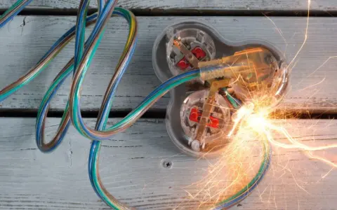 Des fils électriques colorés s'entremêlent, menant à une prise transparente où un court circuit provoque des étincelles vives.