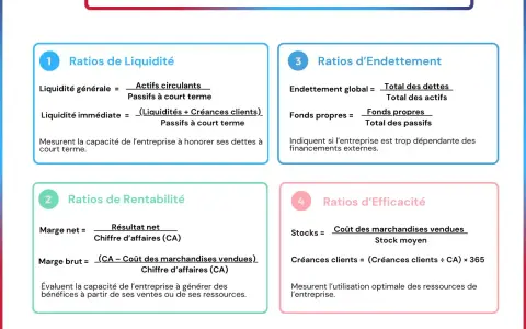 Tableau expliquant comment calculer un ratio financier pour analyser la liquidité, la rentabilité, l'endettement et l'efficacité d'une entreprise.