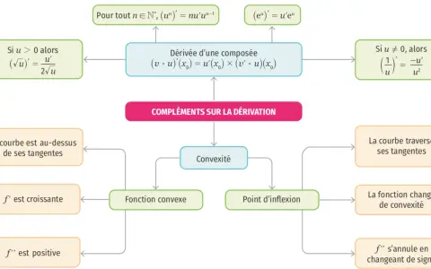 Schéma sur la dérivation, incluant la dérivée d'une fonction composée, la convexité et des exemples de règles de dérivation.