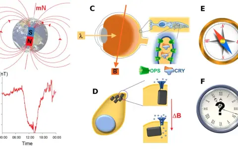 Schéma illustrant le champ magnétique terrestre, son enregistrement, et son interaction potentielle avec des cellules oculaires et des particules magnétiques.