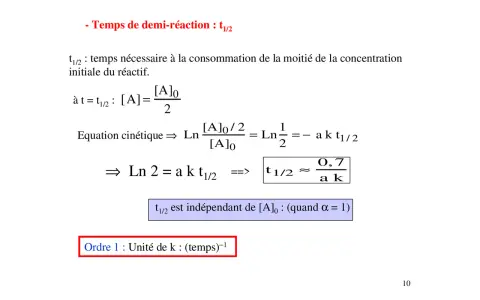 Calcul du temps de demi-réaction (t1/2) pour une réaction d'ordre 1, montrant sa relation avec la constante de vitesse k.