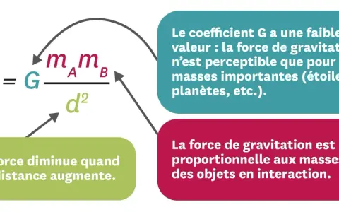 La formule de la force gravitationnelle Fg = G * (mA * mB) / d² explique comment la force de gravitation dépend des masses et de la distance.