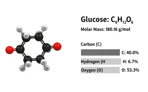 Structure moléculaire du glucose (C₆H₁₂O₆) avec sa masse molaire et la composition élémentaire, utile pour calculer la concentration molaire.