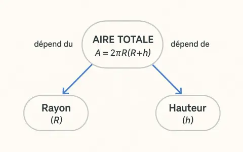 Diagramme montrant que l'aire totale d'un **surface cylindre** dépend du rayon (R) et de la hauteur (h), selon la formule A = 2πR(R+h).