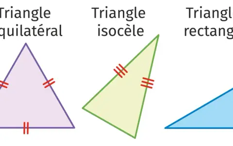 Trois triangles : équilatéral (trois côtés égaux), isocèle (deux côtés égaux) et rectangle.