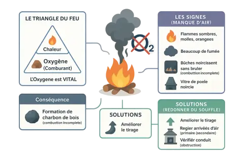 Le feu produit de la fumée et des flammes molles, signe d'une combustion incomplète. Pour y remédier, il faut améliorer le tirage.