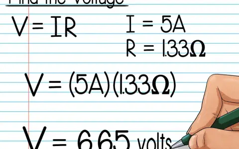 Calcul tension : V = IR, avec I=5A et R=1.33Ω. Le calcul donne V = 6.65 volts.