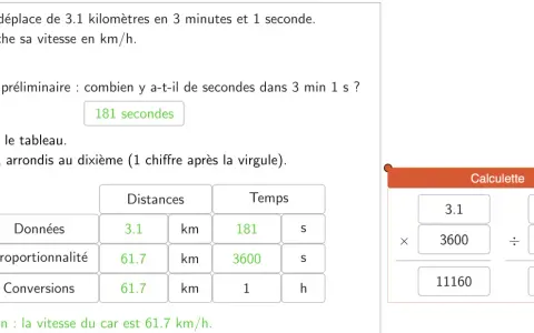 Calcul de la distance parcourue par une voiture. Le tableau montre la conversion des unités pour trouver la vitesse en km/h.