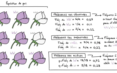 Population de pois illustrant la formule fréquence des génotypes, phénotypes et allèles.