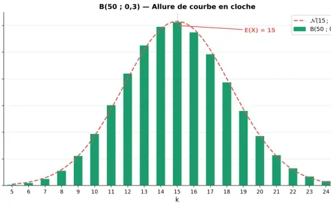 Graphique de la loi binomiale B(50; 0,3) avec une allure de courbe en cloche. L'espérance E(X) est de 15.