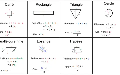 Tableau récapitulatif des formules de périmètre et d'aire pour chaque figure géométrique : carré, rectangle, triangle, cercle, parallélogramme, losange et trapèze.