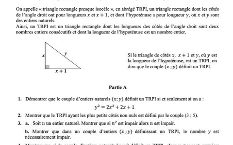 Exercice de maths pour le sujet bac maths 2026 : un triangle rectangle presque isocèle (TRPI) avec côtés x, x+1 et hypoténuse y.
